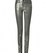 With a sleek leather look and the effortless comfort of worn-in denim, these metallic coated jeans from 2nd Day bring rock n roll edge to the everyday - Classic five-pocket styling, shiny metallic coated denim, straight skinny leg - Pair with a vintage-inspired tee and heels or with a silk tunic top and peep-toe booties