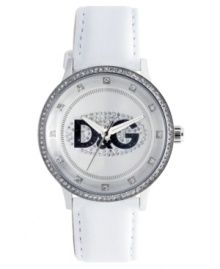 Simple glamour with lasting appeal, by D&G. This watch features a white leather strap and round stainless steel case. Crystal accents at bezel. Silvertone dial with logo and crystal accents at indices. Quartz movement. Water resistant to 30 meters. Two-year limited warranty.