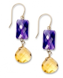 Double the fun. Vibrant rectangle-cut amethyst (9 ct. t.w.) and pear-cut citrine (8 ct. t.w.) adorn these stunning drop earrings. Set in 14k gold. Approximate drop: 1-1/2 inches. Double the fun. Vibrant rectangle-cut amethyst (9 ct. t.w.) and pear-cut citrine (8 ct. t.w.) adorn these stunning drop earrings. Set in 14k gold. Approximate drop: 1-1/2 inches.