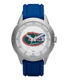 Show your University of Florida loyalty every second of the day with this signature team watch from Fossil. Blue polyurethane strap and round stainless steel case. Bezel etched with numerals and stick indices. White dial features large Gators logo, printed minute track and stick indices at outer ring, date window at three o'clock and luminous hands. Quartz movement. Water resistant to 100 meters. Eleven-year limited warranty. Show your University of Florida loyalty every second of the day with this signature team watch from Fossil. Blue polyurethane strap and round stainless steel case. Bezel etched with numerals and stick indices. White dial features large Gators logo, printed minute track and stick indices at outer ring, date window at three o'clock and luminous hands. Quartz movement. Water resistant to 100 meters. Eleven-year limited warranty.