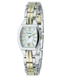 The essence of elegance: this Fossil watch features a silvertone and goldtone stainless steel bracelet with self-adjusting links and stainless steel case. White dial with logo, mother-of-pearl inlay, date window at 6 o'clock and goldtone numerals. Quartz movement. Water resistant to 50 meters. Eleven-year limited warranty. Comes packaged in a collectible tin.