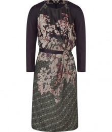 Inject modernized sophistication to your party look with this chic raglan sleeve printed dress from Etro - High round neck, solid raglan sleeves, printed bodice, draping at waist, black belt with back tie, all-over print - Wear with statement sandals and an embellished clutch Inject modernized sophistication to your party look with this chic raglan sleeve printed dress from Etro - High round neck, solid raglan sleeves, printed bodice, draping at waist, black belt with back tie, all-over print - Wear with statement sandals and an embellished clutch