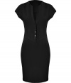 Work a sultry edge into your work to cocktails looks with Catherine Malandrinos jet black shift - Round neckline with deep slit, cap sleeves, front button detail, contoured seaming - Form-fitting - Wear with statement jewelry and heels