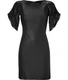 Inject high-style drama into your Little Black Dress collection with Jitrois strappy sleeve figure-hugging black leather dress - Round neckline, strappy leather short sleeves, hidden back zip - Form-fitting - Wear with heels and a sleek leather envelope clutch Inject high-style drama into your Little Black Dress collection with Jitrois strappy sleeve figure-hugging black leather dress - Round neckline, strappy leather short sleeves, hidden back zip - Form-fitting - Wear with heels and a sleek leather envelope clutch