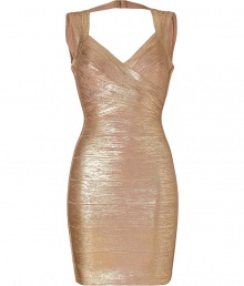 Make a striking statement at cocktails in this glamorous metallic Bandage dress from Herv? L?ger - V-neckline, thick straps, d?colletage-enhancing at bust, bandage style with figure-hugging multi-panels, concealed back zip closure, hooked strap across nape - Style with metallic platform pumps and a jet black clutch