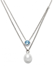 A classic style with a modern spin. Fresh by Honora's pretty two-row necklace features a cultured freshwater pearl (9-9-1/2 mm) and a bezel-set blue topaz (1/2 ct. t.w.) in sterling silver. Approximate length: 16 and 17 inches + 2-inch extender. Approximate drop: 1/2 inch and 1/4 inch. A classic style with a modern spin. Fresh by Honora's pretty two-row necklace features a cultured freshwater pearl (9-9-1/2 mm) and a bezel-set blue topaz (1/2 ct. t.w.) in sterling silver. Approximate length: 16 and 17 inches + 2-inch extender. Approximate drop: 1/2 inch and 1/4 inch.