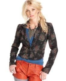 An allover floral print adds femme appeal to this Free People denim blazer -- a hot fall topper! An allover floral print adds femme appeal to this Free People denim blazer -- a hot fall topper!
