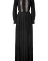 Make a dramatic evening debut in By Malene Birgers floor-lengh pleated black silk gown, complete with trend-favorite lace panels for a lady-chic edge of after-hours elegance - Rounded neckline, long sleeves, buttoned cuffs, tailored waistline, sheer back, buttoned key-hole cut-out at nape - Finish with platform sandals and a clutch