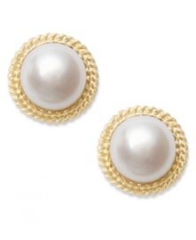 A luxurious delight. A 14k gold rope setting adorns the edges of these beautiful cultured freshwater pearl earrings (9-1/2-10mm). Approximate diameter: 1/2 inch. A luxurious delight. A 14k gold rope setting adorns the edges of these beautiful cultured freshwater pearl earrings (9-1/2-10mm). Approximate diameter: 1/2 inch.