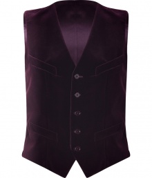 Take the menswear trend into your chic evening look with Polo Ralph Laurens exquisitely soft velvet vest, detail in rich cabernet for a luxurious festive feel - V-neckline, button-down front, slit pockets, tonal satin back with adjustable sash, back slit - Tailored fit - Layer over menswear-inspired separates and finish with a dusting of ultra-feminine fine jewelry