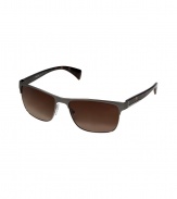 Sleek and sophisticated, Pradas McNamara sunglasses lend a cool modern finish to every outfit - Opaque matte grey and gunmetal-toned metal frames, gradient brown semi-mirrored lenses, tonal brown mock tortoise acetate handles with gunmetal-toned metal L-shaped inert at temples with logo engraving, clear nose-pieces - Lens filter category 3 - Comes with a logo embossed hard carrying case - An edgy choice perfect for all four seasons