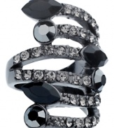 Futuristic finger fashion. This wrap ring from GUESS is crafted from hematite-tone mixed metal with glass crystal stones adding to the postmodern appeal. Size 8.