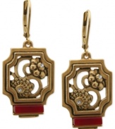 Style takes shape in this pair of earrings from T Tahari, part of the Deco Lace Collection. Crafted from gold-tone mixed metal, the earrings dazzle with glass crystal accents and a red stone adds a touch of elegance. Approximate drop: 1-5/8 inches.