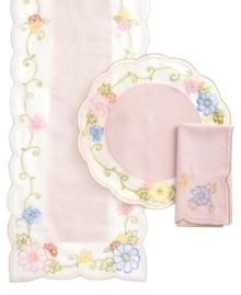 Colorful embroidered blooms and a sweet scalloped edge give Lady Slipper napkins an air of lightness and whimsy. Enjoy with coordinating placemats and runners. Colorful embroidered blooms and a sweet scalloped edge give Lady Slipper napkins an air of lightness and whimsy. Enjoy with coordinating placemats and runners.