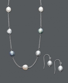 Sheer elegance in a chic, metallic sheen. Fresh by Honora jewelry set features an illusion-style necklace accented by gray multicolored cultured freshwater pearls (7-8 mm) with a matching pair of drop earrings. Crafted in sterling silver. Approximate necklace length: 18 inches. Approximate earring drop: 3/8 inch.