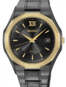 A dusky watch design with golden shine, by Sieko. Built with an internal solar cell battery that harnesses natural light.