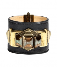 This edgy-cool leather cuff injects trend-right style to your dress up or down ensembles - Leather cuff with brass charm and crystal embellishment - Style with a slinky cocktail sheath and metallic platform sandals This edgy-cool leather cuff injects trend-right style to your dress up or down ensembles - Leather cuff with brass charm and crystal embellishment - Style with a slinky cocktail sheath and metallic platform sandals