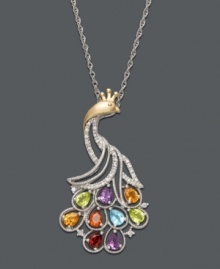Capture all the colors of the rainbow with this majestic peacock pendant. A swirling 14k gold and sterling silver setting highlights sparkling round-cut diamonds (1/8 ct. t.w.) and cascading pear-cut gemstones, including blue topaz (1/5 ct. t.w.), citrine (1/4 ct. t.w.), madeira citrine (1/8 ct. t.w.), garnet (1/5 ct. t.w.), amethyst (1/4 ct. t.w.) and peridot (1/3 ct. t.w.). Approximate length: 18 inches. Approximate drop: 1-1/2 inches. Capture all the colors of the rainbow with this majestic peacock pendant. A swirling 14k gold and sterling silver setting highlights sparkling round-cut diamonds (1/8 ct. t.w.) and cascading pear-cut gemstones, including blue topaz (1/5 ct. t.w.), citrine (1/4 ct. t.w.), madeira citrine (1/8 ct. t.w.), garnet (1/5 ct. t.w.), amethyst (1/4 ct. t.w.) and peridot (1/3 ct. t.w.). Approximate length: 18 inches. Approximate drop: 1-1/2 inches.