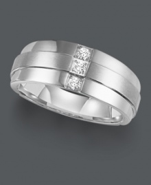 Sophistication and a hint of shine. This Triton men's ring features a three stone diamond design (1/6 ct. t.w.) crafted in stainless steel. Sizes 8-15. Sophistication and a hint of shine. This Triton men's ring features a three stone diamond design (1/6 ct. t.w.) crafted in stainless steel. Sizes 8-15.