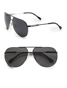 A timeless style for this year and beyond in lightweight metal with embossed logos along the temples. Available in pale gold frames with brown lenses or black gradient/gold frames with grey lenses. Logo temple detail UV 400 lenses 100% UV protective Imported A timeless style for this year and beyond in lightweight metal with embossed logos along the temples. Available in pale gold frames with brown lenses or black gradient/gold frames with grey lenses. Logo temple detail UV 400 lenses 100% UV protective Imported