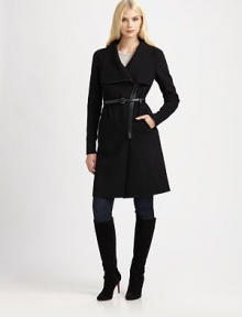 Featuring buttery leather details, slash pockets and a skinny belt, this chic design has all the makings of the most perfect coat ever. Wide collarLeather detail along zipper closureBelted silhouetteSlash pocketsPrincess seamsAbout 39 from shoulder to hem80% wool/20% viscoseDry clean by leather specialistImported Model shown is 5'10 (177cm) wearing US size Small. Featuring buttery leather details, slash pockets and a skinny belt, this chic design has all the makings of the most perfect coat ever. Wide collarLeather detail along zipper closureBelted silhouetteSlash pocketsPrincess seamsAbout 39 from shoulder to hem80% wool/20% viscoseDry clean by leather specialistImported Model shown is 5'10 (177cm) wearing US size Small.