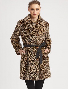 Plush faux fur, printed with an exotic cheetah pattern and cinched at the waist with a ribbon belt.Foldover collarConcealed hook-and-eye closuresRibbon beltSide slash pocketsAbout 32 from shoulder to hem85% acrylic/15% polyesterDry cleanMade in Italy of imported fabricModel shown is 5'10 (177cm) wearing US size 4. Plush faux fur, printed with an exotic cheetah pattern and cinched at the waist with a ribbon belt.Foldover collarConcealed hook-and-eye closuresRibbon beltSide slash pocketsAbout 32 from shoulder to hem85% acrylic/15% polyesterDry cleanMade in Italy of imported fabricModel shown is 5'10 (177cm) wearing US size 4.