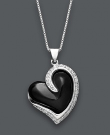 Get swept up in a whirlwind romance. This sweet heart pendant features a stylish asymmetrical shape crafted from onyx (15 mm) and encircled by sparkling, round-cut white topaz (1-1/2 ct. t.w). Setting and chain made in sterling silver. Approximate length: 18 inches. Approximate drop: 1 inch. Get swept up in a whirlwind romance. This sweet heart pendant features a stylish asymmetrical shape crafted from onyx (15 mm) and encircled by sparkling, round-cut white topaz (1-1/2 ct. t.w). Setting and chain made in sterling silver. Approximate length: 18 inches. Approximate drop: 1 inch.