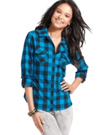 Pop in plaid! This button-down top from Fire features roll-tab sleeves, a fun-loving print and loads of cool attitude. Pop in plaid! This button-down top from Fire features roll-tab sleeves, a fun-loving print and loads of cool attitude.