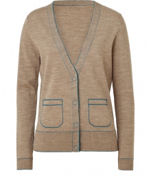 Chic trompe loeil detail lends this nougat-hued Steffen Schraut merino wool pullover its coveted, classic-with-a-twist appeal - Traditional slim cut, with a deep v-neck and long sleeves - Decorative blue trim at collar, faux buttons and pockets at placket and hips - Quirky-cool and great for everyday, perfect for pairing with pencil skirts, skinny denim or cigarette trousers Chic trompe loeil detail lends this nougat-hued Steffen Schraut merino wool pullover its coveted, classic-with-a-twist appeal - Traditional slim cut, with a deep v-neck and long sleeves - Decorative blue trim at collar, faux buttons and pockets at placket and hips - Quirky-cool and great for everyday, perfect for pairing with pencil skirts, skinny denim or cigarette trousers