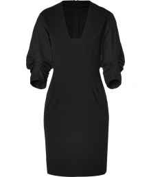 Bring fashion-forward flair to your cocktails-ready look with this black mixed-media dress from Schumacher - Blunt V-neckline, wide gathered contrast woven 3/4 sleeves, fitted waist with pleat detailing, full metal two-way back zip - Modern tailored fit - Style with sky-high platforms and a petite clutch