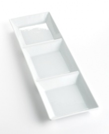 Timeless, elegant and durable, this 3-sectioned rectangular platter features a silky smooth white body and shiny clear glaze. Perfect for serving a savory trio of sides, dips or desserts. Timeless, elegant and durable, this 3-sectioned rectangular platter features a silky smooth white body and shiny clear glaze. Perfect for serving a savory trio of sides, dips or desserts.