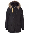 Whether youre hitting the city or the slopes this season, Parajumperss black down parka is a sporty-luxe cold-weather essential - Water- and wind-resistant outer has an elegant, light sheen - Slim cut style hits mid-thigh - Full zip and supplementary button placket - Elbow patches and decorative contrast yellow trim - Raccoon-trimmed hood and sipper embellishment -  Two vertical flap pockets at sides, two oversize flap pockets at hips and single skinny pocket at chest - Fashionable and functional, a stylish must for all casual winter looks