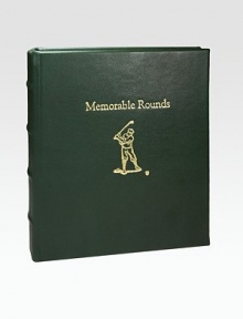 The ideal gift or keepsake for the amateur golfer, designed in fine leather with transparent, archival-quality pages to hold memorable scorecards, course photos and mementos from a day on the greens. 18 pages holds 36 scorecards Leather 5½W X 6¼H Made in USA The ideal gift or keepsake for the amateur golfer, designed in fine leather with transparent, archival-quality pages to hold memorable scorecards, course photos and mementos from a day on the greens. 18 pages holds 36 scorecards Leather 5½W X 6¼H Made in USA
