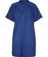 With military-inspired details and an on-trend relaxed silhouette, this charming shirt dress from Closed is a new-season must-have - Stand collar, front button half placket, epaulets, slightly flared short sleeves, two chest pockets, A-line silhouette, asymmetrical hem with contrasting color detail - Wear with ribbed tights, a boyfriend blazer, and lace-up platform booties