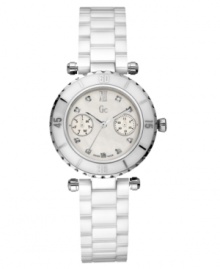 A luxuriously fresh and refined watch from Gc Swiss Made Timepieces. Featuring a white ceramic bracelet and silvertone stainless steel round case. Round mother-of-pearl dial with eight genuine diamond accents (3/4 ct. t.w.) at markers, two subdials and logo. Swiss movement. Water resistant to 100 meters. Ten-year limited warranty. Luxury Gc gift box packaging included.