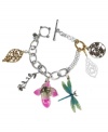 A natural wonder. Lucky Brand's unique charm bracelet combines intricate cut-out leaves and flower charms with a floral branch, a pink enamel orchid, and a teal enamel dragonfly. Setting and toggle clasp crafted in mixed metal. Approximate length: 7-3/4 inches.