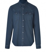 Casual and edgy with its indigo washed cotton and Western-inspired pockets, Burberry Brits button-down is a cool choice for all 4 seasons - Classic collar, long sleeves, snapped cuffs, snapped front, snapped flap chest pockets, shirttail hemline - Classic straight silhouette - Wear with tailored trousers and leather lace-ups