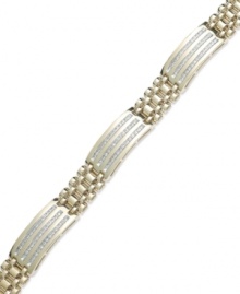 A luxurious blend of rich color and shine. Yell'Ora's men's bracelet features a thick link band that highlights three stations that highlight three rows of round-cut diamonds (1/2 ct. t.w.). Base metal made from a combination of pure gold, sterling silver and palladium. Approximate length: 8 inches. A luxurious blend of rich color and shine. Yell'Ora's men's bracelet features a thick link band that highlights three stations that highlight three rows of round-cut diamonds (1/2 ct. t.w.). Base metal made from a combination of pure gold, sterling silver and palladium. Approximate length: 8 inches.