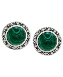 Look glamorous in green. Genevieve & Grace's round earrings, set in sterling silver, feature synthetic malachite (1-3/4 ct. t.w.) and marcasite to stunning effect. Approximate diameter: 5/8 inch. Look glamorous in green. Genevieve & Grace's round earrings, set in sterling silver, feature synthetic malachite (1-3/4 ct. t.w.) and marcasite to stunning effect. Approximate diameter: 5/8 inch.