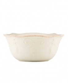 With fanciful beading and a feminine edge, this bowl from the Lenox French Perle white dinnerware collection has an irresistibly old-fashioned sensibility. Hard-wearing stoneware is dishwasher safe and, in a soft white hue with antiqued trim, a graceful addition to every meal. Qualifies for Rebate With fanciful beading and a feminine edge, this bowl from the Lenox French Perle white dinnerware collection has an irresistibly old-fashioned sensibility. Hard-wearing stoneware is dishwasher safe and, in a soft white hue with antiqued trim, a graceful addition to every meal. Qualifies for Rebate
