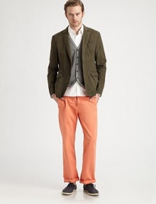 A sartorial standard for the contemporary man of style, updated in soft cotton and exudes a washed effect for a well-worn look.ButtonfrontChest welt, waist flap pocketsAbout 28¼ from shoulder to hem81% cotton/19%linenDry cleanImported A sartorial standard for the contemporary man of style, updated in soft cotton and exudes a washed effect for a well-worn look.ButtonfrontChest welt, waist flap pocketsAbout 28¼ from shoulder to hem81% cotton/19%linenDry cleanImported