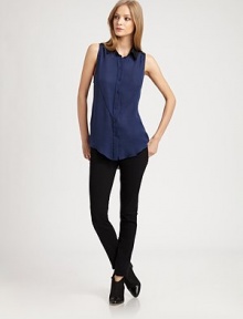 Contrasting collar, back mesh panel and a shirttail hem revive this sleeveless silk essential. Point collarSleevelessButton frontShirttail hemBack mesh panelSilkDry cleanImportedModel shown is 5'10 (177cm) wearing US size Small. Contrasting collar, back mesh panel and a shirttail hem revive this sleeveless silk essential. Point collarSleevelessButton frontShirttail hemBack mesh panelSilkDry cleanImportedModel shown is 5'10 (177cm) wearing US size Small.