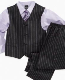 Snazzy in stripes. Step-up his style with this dashing shirt, vest, pant and tie set from Sean John. Snazzy in stripes. Step-up his style with this dashing shirt, vest, pant and tie set from Sean John.