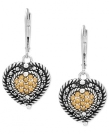 The look of love. Genevieve & Grace's heart-shaped leverback earrings are crafted from sterling silver with marcasite and round-cut champagne crystals (1 mm) providing a stylish touch. Approximate drop: 1-1/4 inches. Approximate width: 1/2 inch. The look of love. Genevieve & Grace's heart-shaped leverback earrings are crafted from sterling silver with marcasite and round-cut champagne crystals (1 mm) providing a stylish touch. Approximate drop: 1-1/4 inches. Approximate width: 1/2 inch.