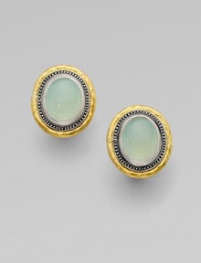 From the Gauntlet Collection. Smooth oval buttons of pastel aqua chalcedony, elegantly framed in granulated sterling silver and hammered 24k gold.Aqua chalcedonySterling silver and 24k yellow goldLength, about ¾Post-and-hinge backImported From the Gauntlet Collection. Smooth oval buttons of pastel aqua chalcedony, elegantly framed in granulated sterling silver and hammered 24k gold.Aqua chalcedonySterling silver and 24k yellow goldLength, about ¾Post-and-hinge backImported