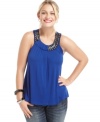 An embellished neckline highlights ING's sleeveless plus size top-- dress up your fave casual bottoms!