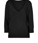 Ultra soft in versatile black, LAgences knit V-neck pullover is an easy choice for casual-chic looks - V-neckline, 3/4 sleeves, ribbed trim - Easy straight fit - Layer with tissue tees and extra slim skinnies