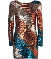 Shimmer into chic city cocktails in By Malene Birgers radiant sequined dress, detailed in tonal shades of metal for high-octane results guaranteed to make an impact - Rounded neckline, long sleeves, ruched cuffs, tonal bead detailing throughout, open back, forest green stretch lining, fitted - Pair with statement pumps and a streamlined clutch