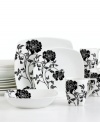Floral flamenco from 222 Fifth dinnerware. The dishes of this set feature stenciled black botanicals that strike a dramatic pose on this casual collection of creamy fine china. In smooth square shapes for contemporary flair.