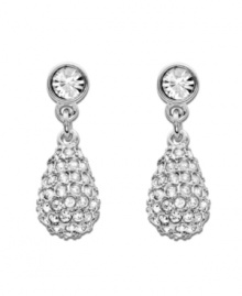 Make a statement worthy of the red carpet. Swarovski's sparkling teardrop earrings are embellished in clear crystal pavé and dangle from an elegant pair of silver tone mixed metal earrings. Approximate drop: 3/4 inch. Make a statement worthy of the red carpet. Swarovski's sparkling teardrop earrings are embellished in clear crystal pavé and dangle from an elegant pair of silver tone mixed metal earrings. Approximate drop: 3/4 inch.